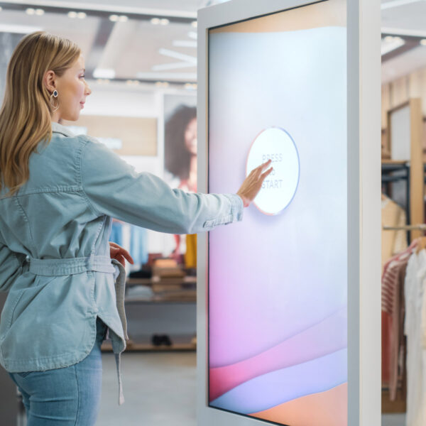 une femme consulte son profil client sur une borne en magasin